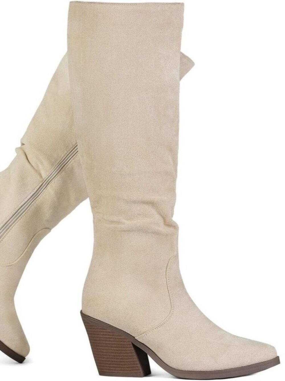 Women Knee High Faux Beige Suede Boot Stacked Chunky Heel Side Zipper Tall Boots